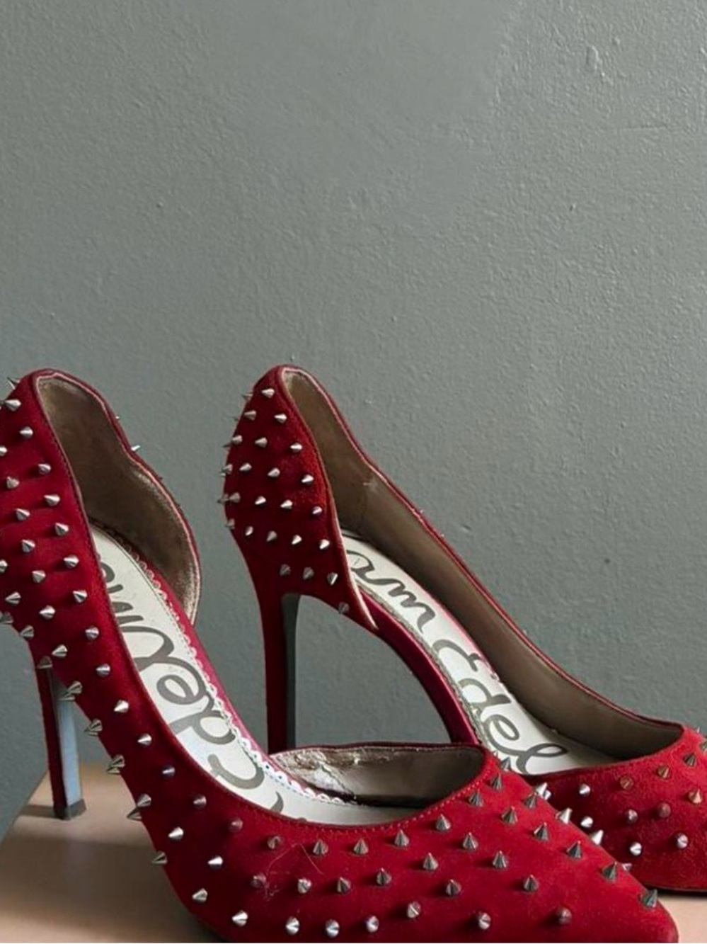 Sam Edelman Red Suede Studded Pointed-Toe Stiletto Heels